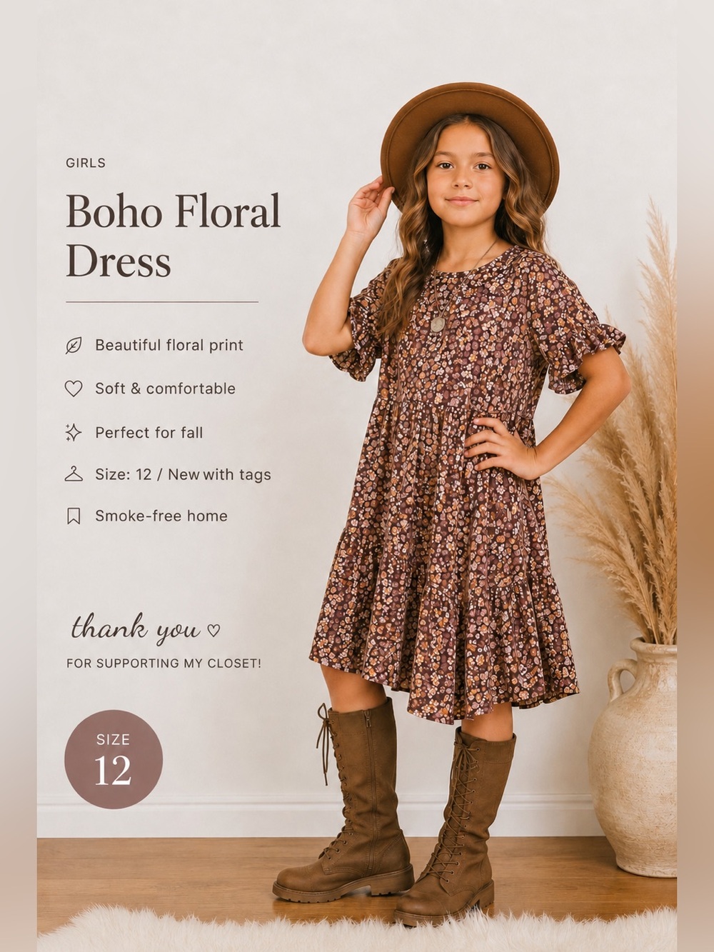 MIA JOY joyfolie Girls boho floral formal dress Kids sz 12 New! Brown w/flowers